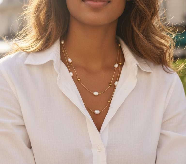 Collier double Chaine avec perles baroques en acier Plaqué Or