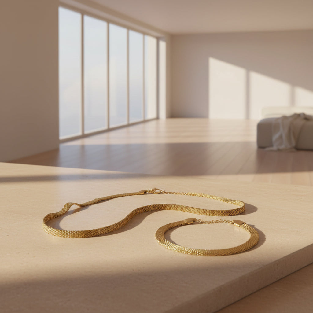 Ensemble de collier large et bracelet en acier plaqué or 18K