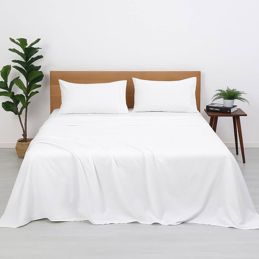 Ensemble de draps King Size en coton glacé – Blanc, 220 TC