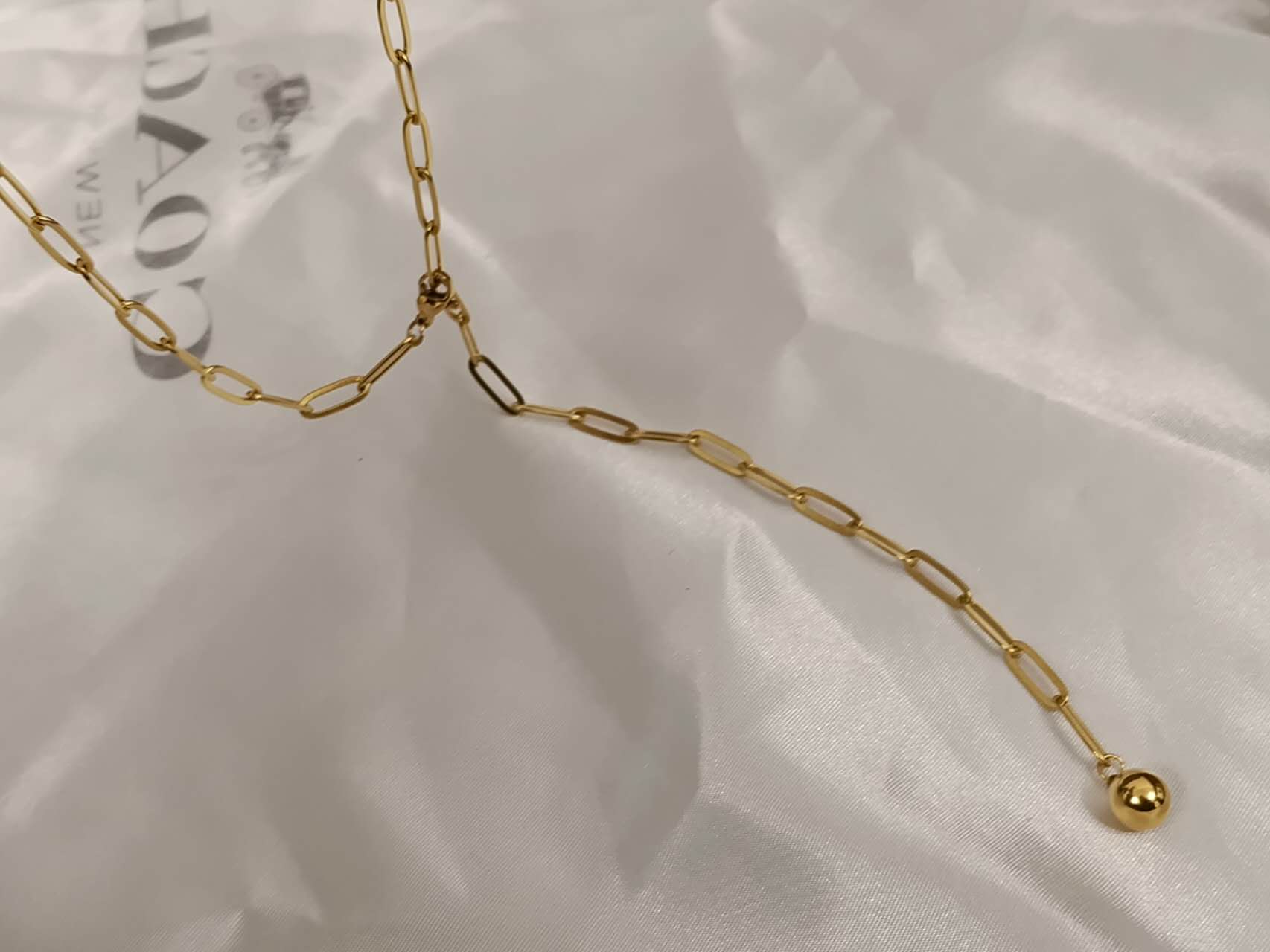 Collier Paperclip long pendentif boule acier Plaqué Or 18K