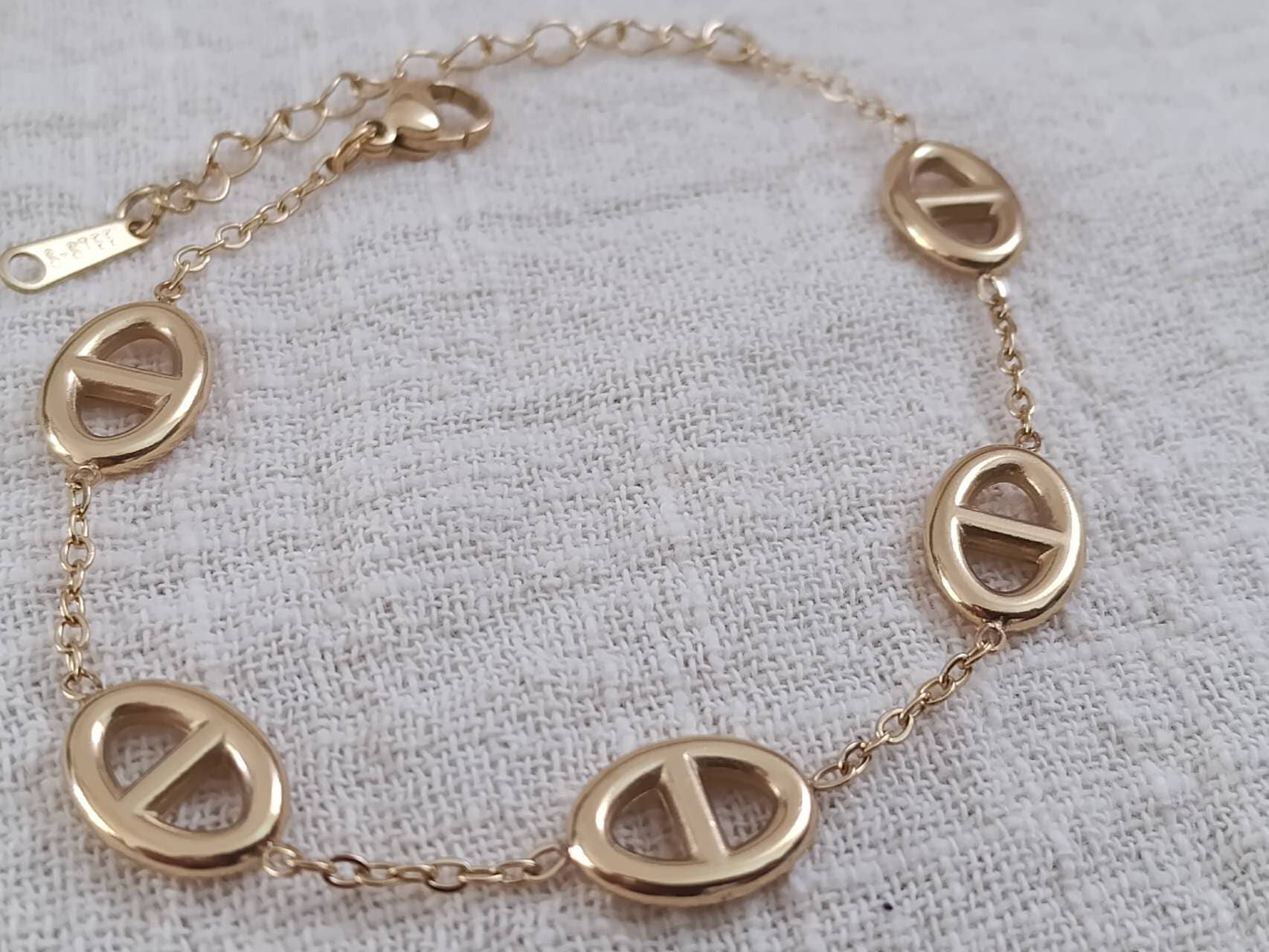 Ensemble de bijoux : collier en acier style marin, boucle d'oreille, bracelet ,Plaqués Or 18K