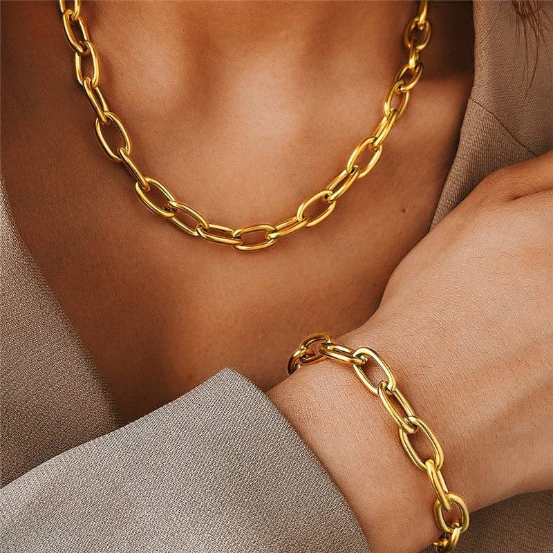 Ensemble collier et bracelet en chaîne à maillons en acier inoxydable