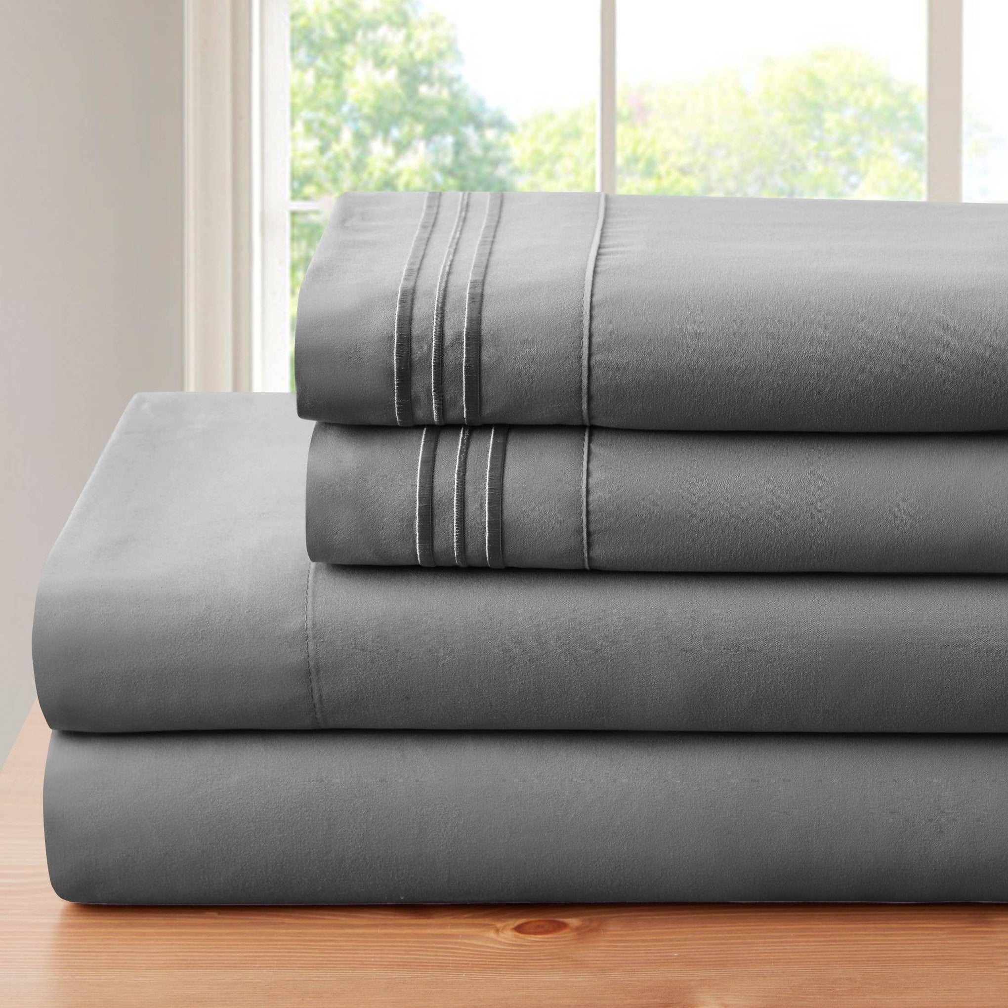 Parure de draps de luxe en bambou 4 pièces avec broderie à 3 lignes