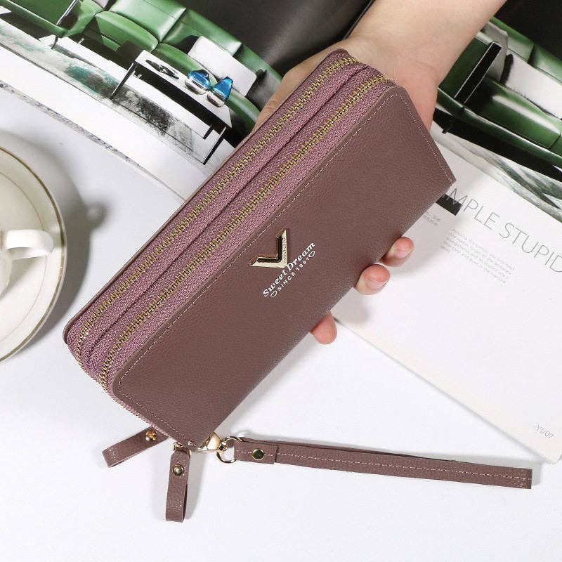 Portefeuille long à double fermeture éclair en cuir souple — pochette téléphone pour femme