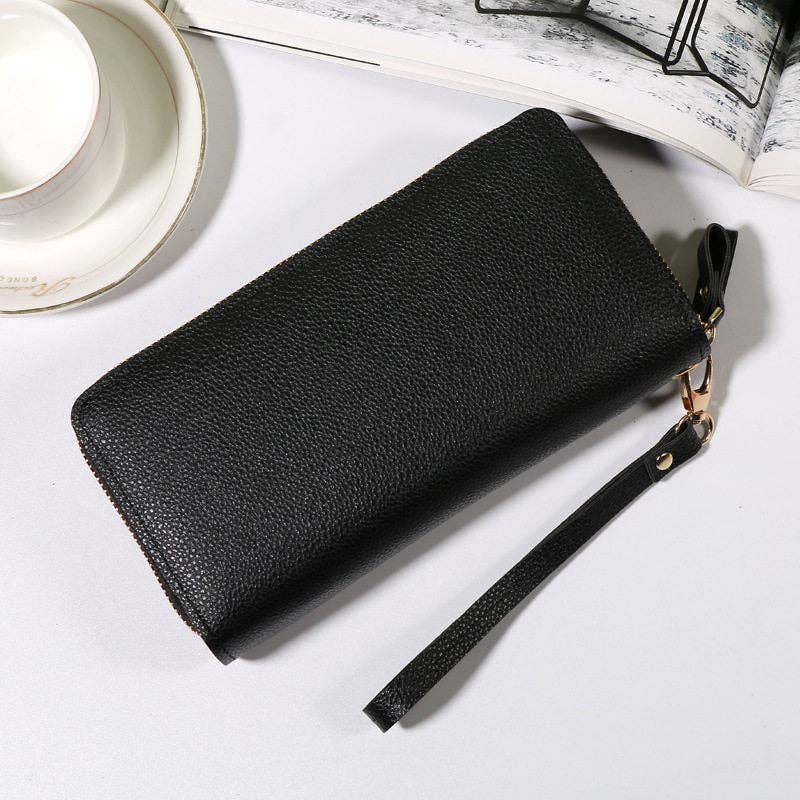 Portefeuille long à double fermeture éclair en cuir souple — pochette téléphone pour femme