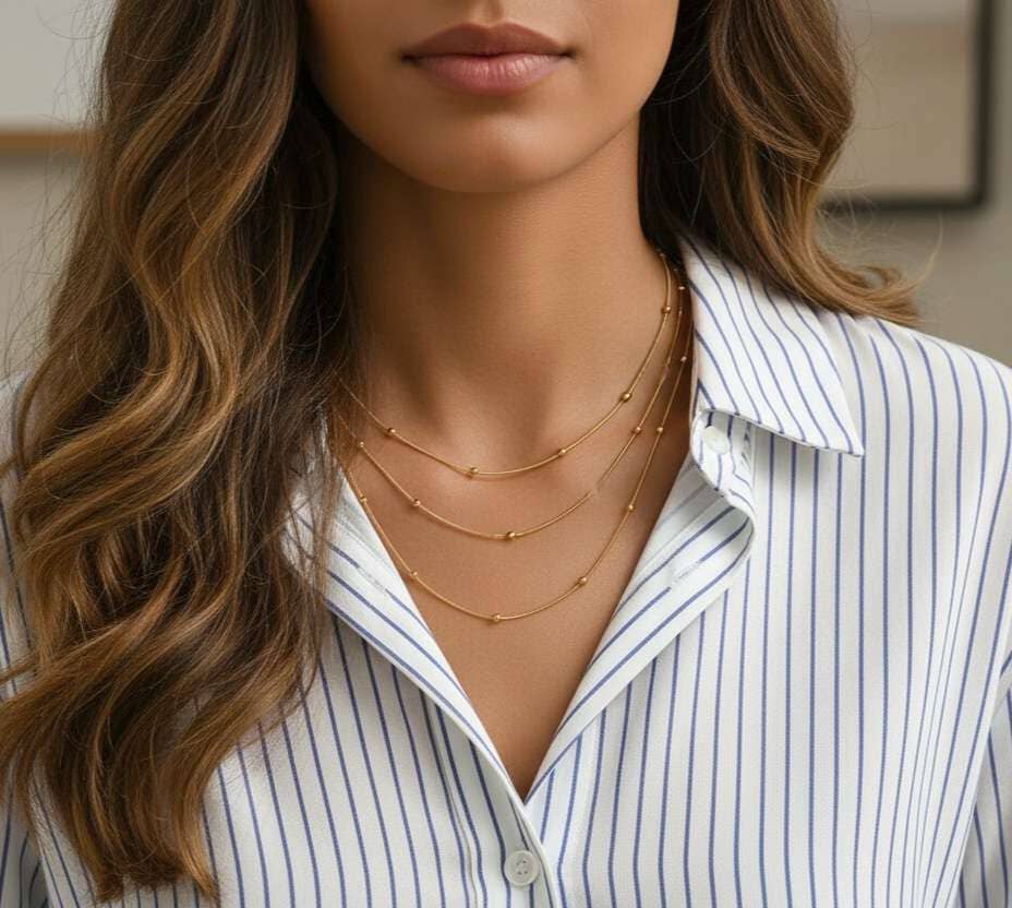 Collier triple chaîne à petites perles, acier, Or 18K