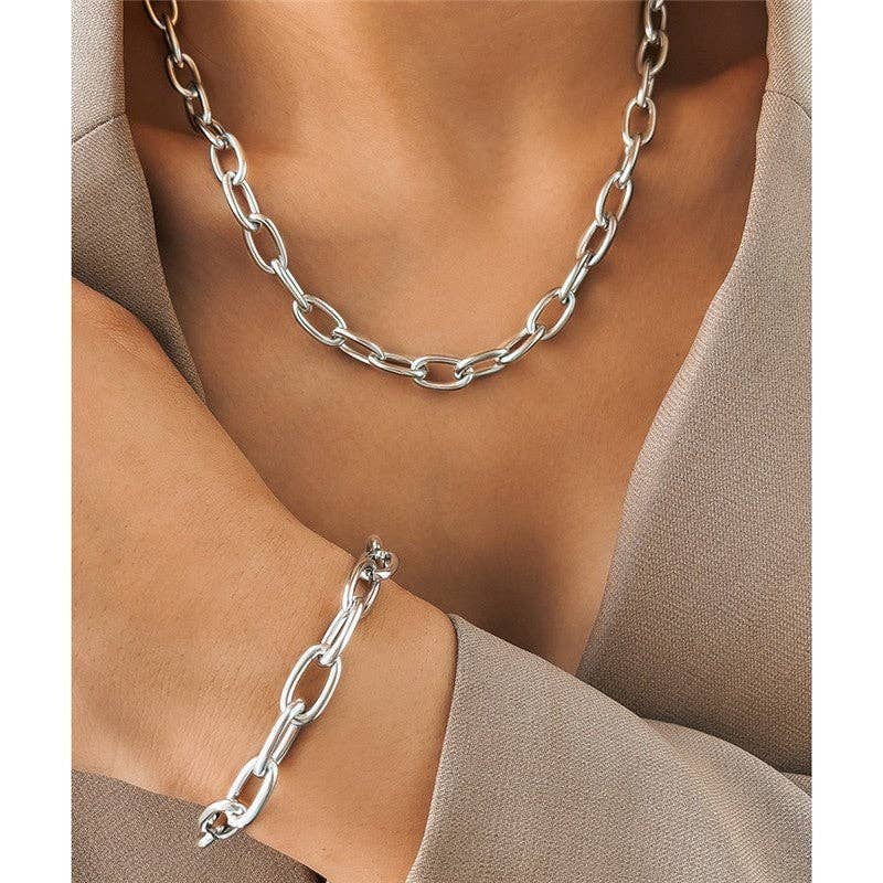 Ensemble collier et bracelet en chaîne à maillons en acier inoxydable