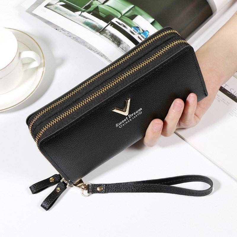 Portefeuille long à double fermeture éclair en cuir souple — pochette téléphone pour femme