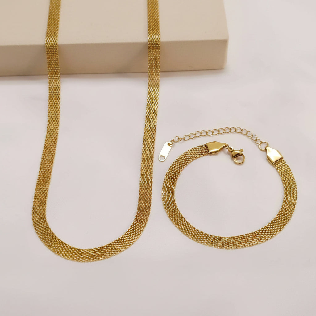 Ensemble de collier large et bracelet en acier plaqué or 18K