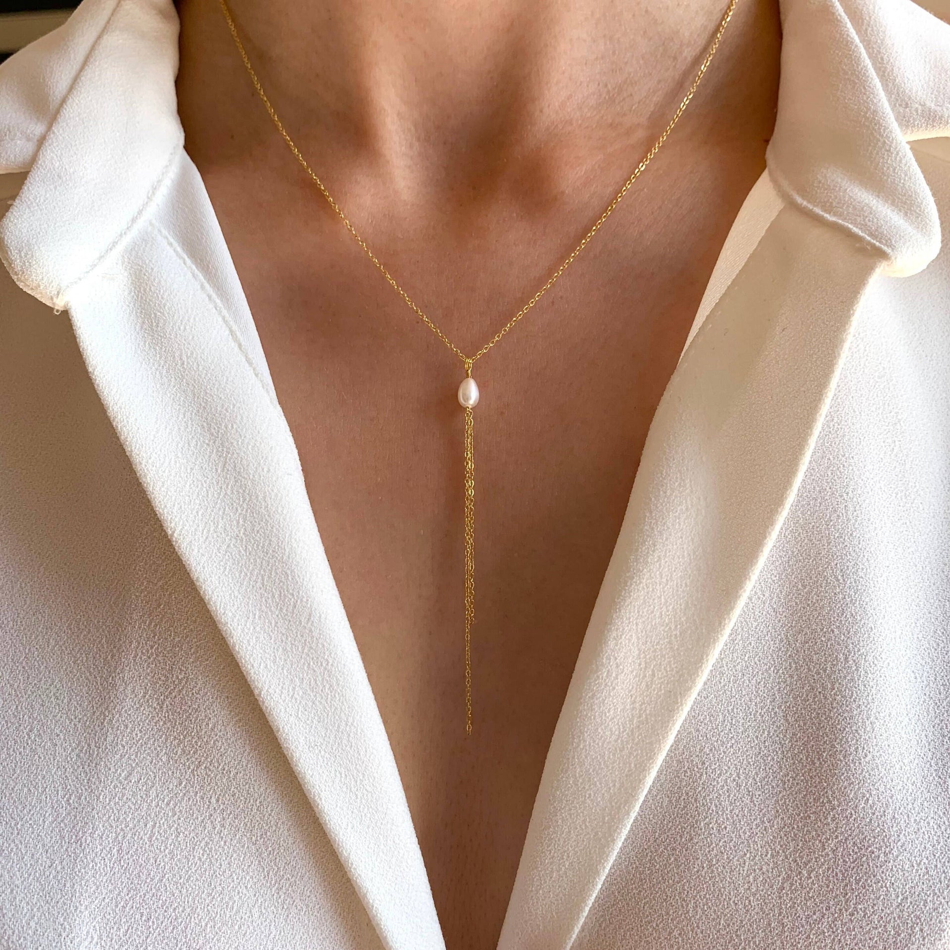 Collier femme long en acier inoxydable perle d'eau douce