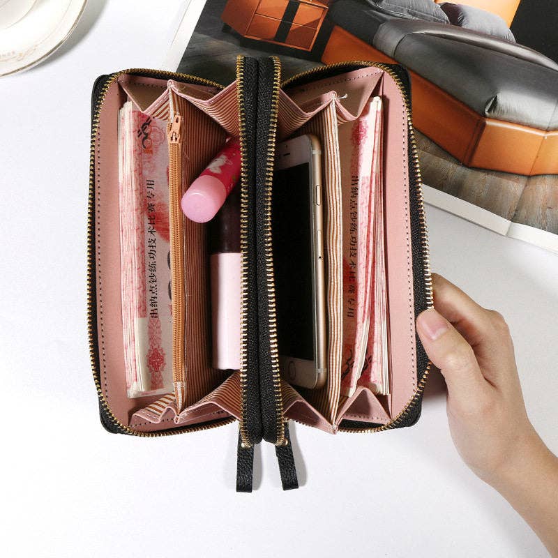 Portefeuille long à double fermeture éclair en cuir souple — pochette téléphone pour femme