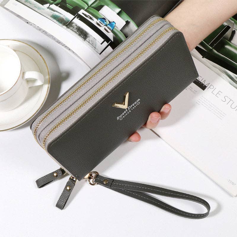 Portefeuille long à double fermeture éclair en cuir souple — pochette téléphone pour femme