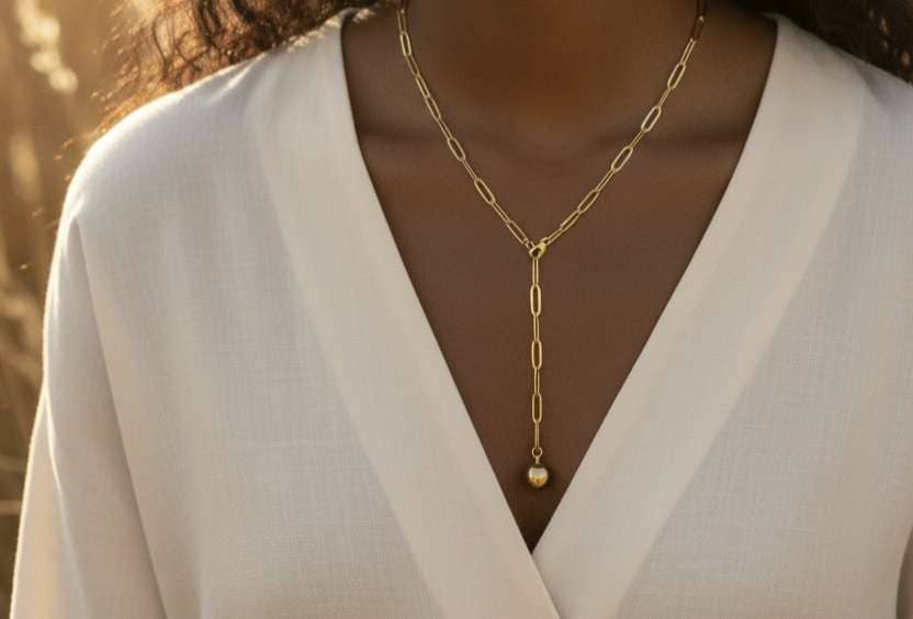 Collier Paperclip long pendentif boule acier Plaqué Or 18K