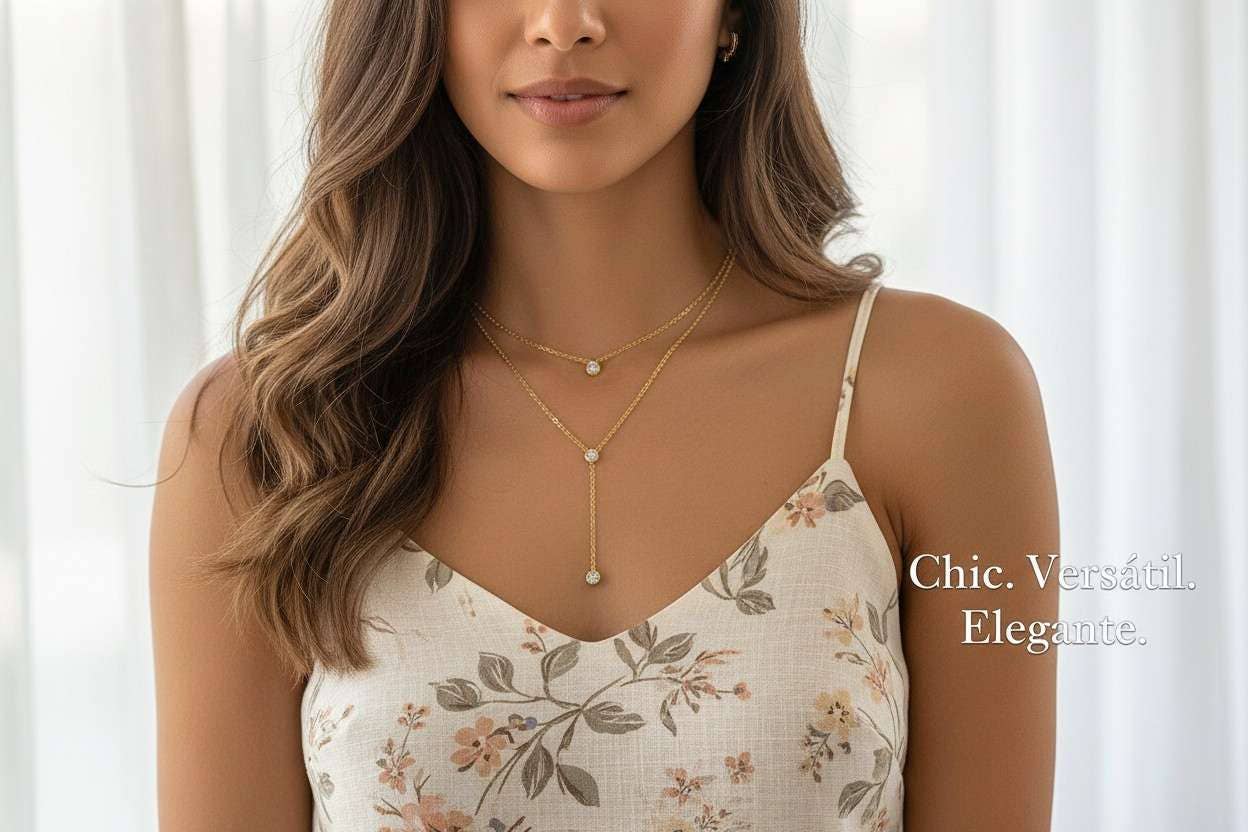 Collier double chaîne zircone acier inoxydable or 18K