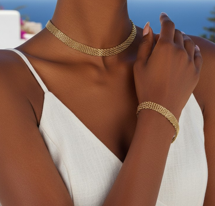 Ensemble de collier large et bracelet en acier plaqué or 18K