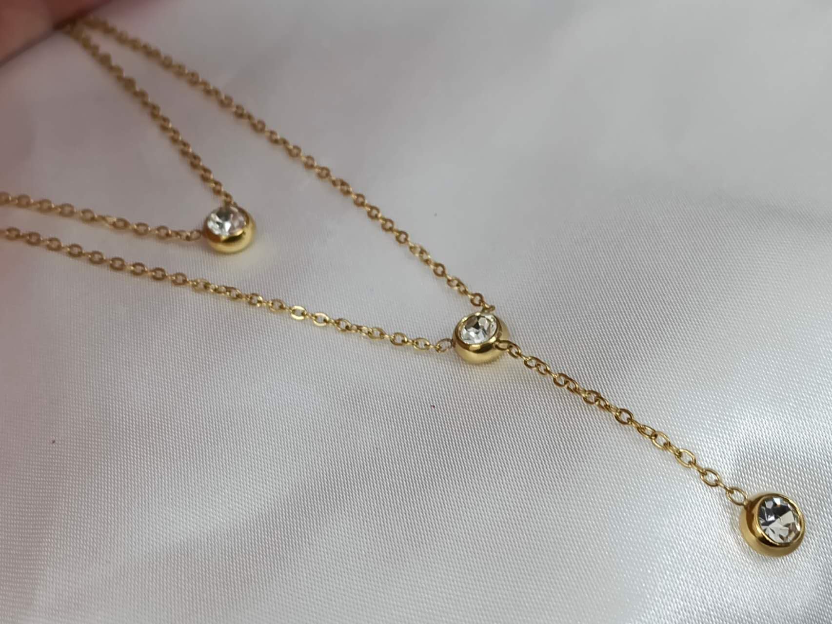 Collier double chaîne zircone acier inoxydable or 18K
