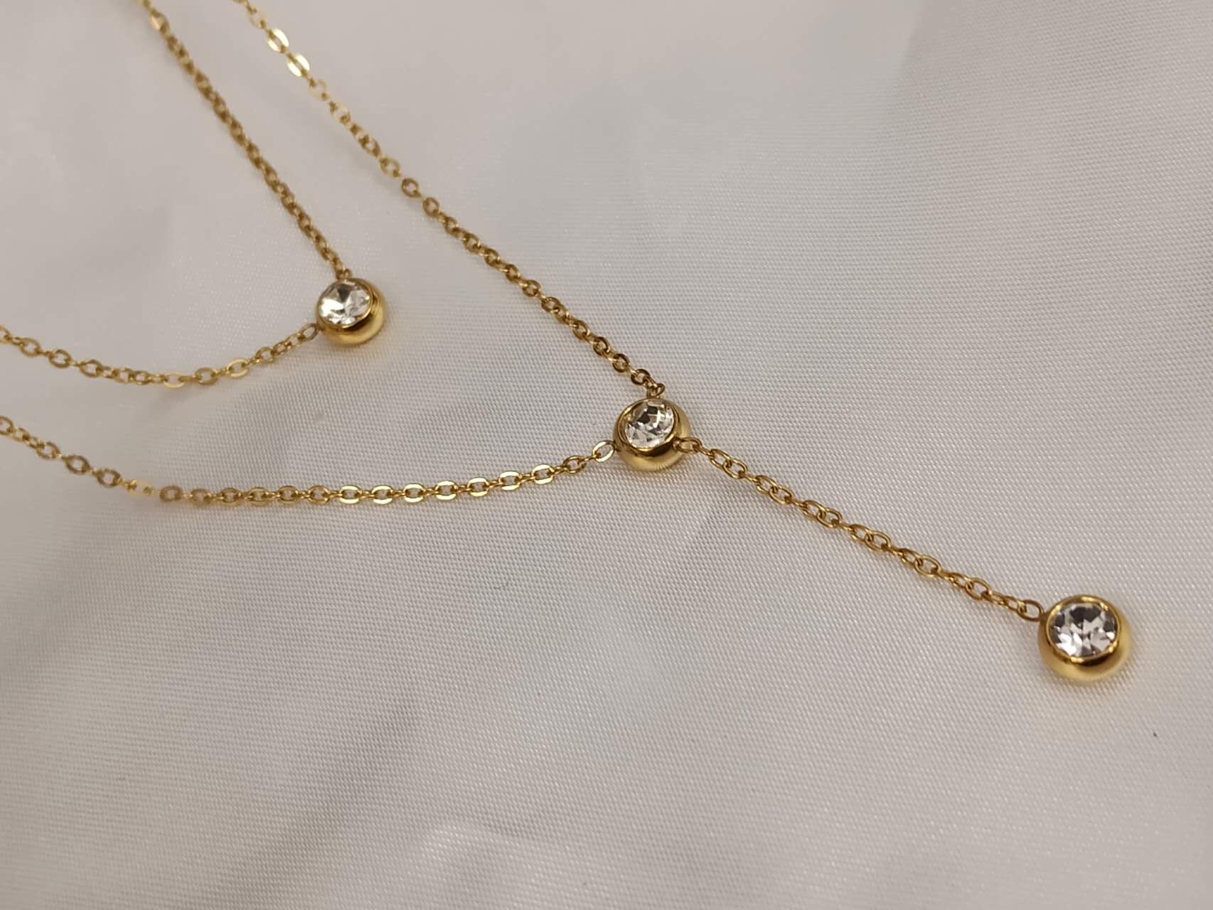 Collier double chaîne zircone acier inoxydable or 18K