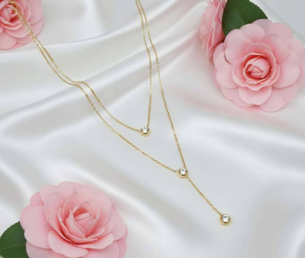 Collier double chaîne zircone acier inoxydable or 18K