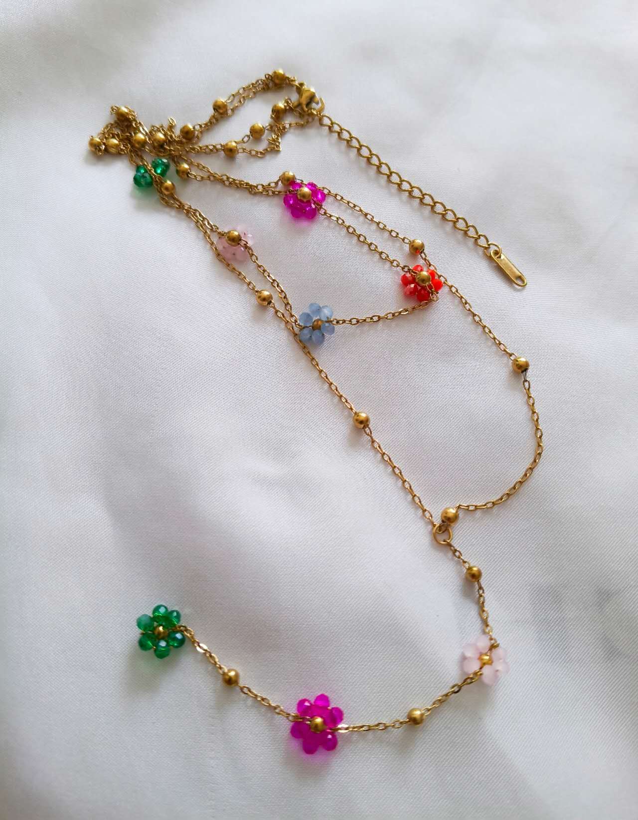 Collier bohème double chaîne fleurs acier or 18K