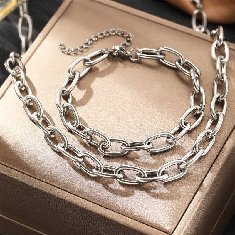 Ensemble collier et bracelet en chaîne à maillons en acier inoxydable