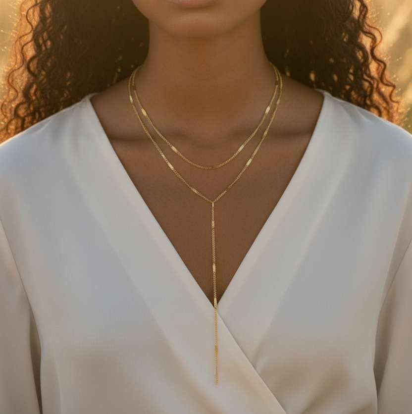 Collier long en Y double chaîne acier or 18K