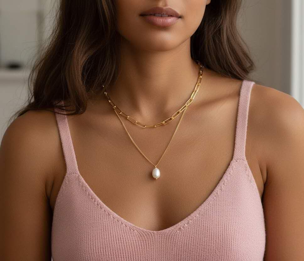 Collier double chaîne perle baroque en acier Plaqué Or 18K