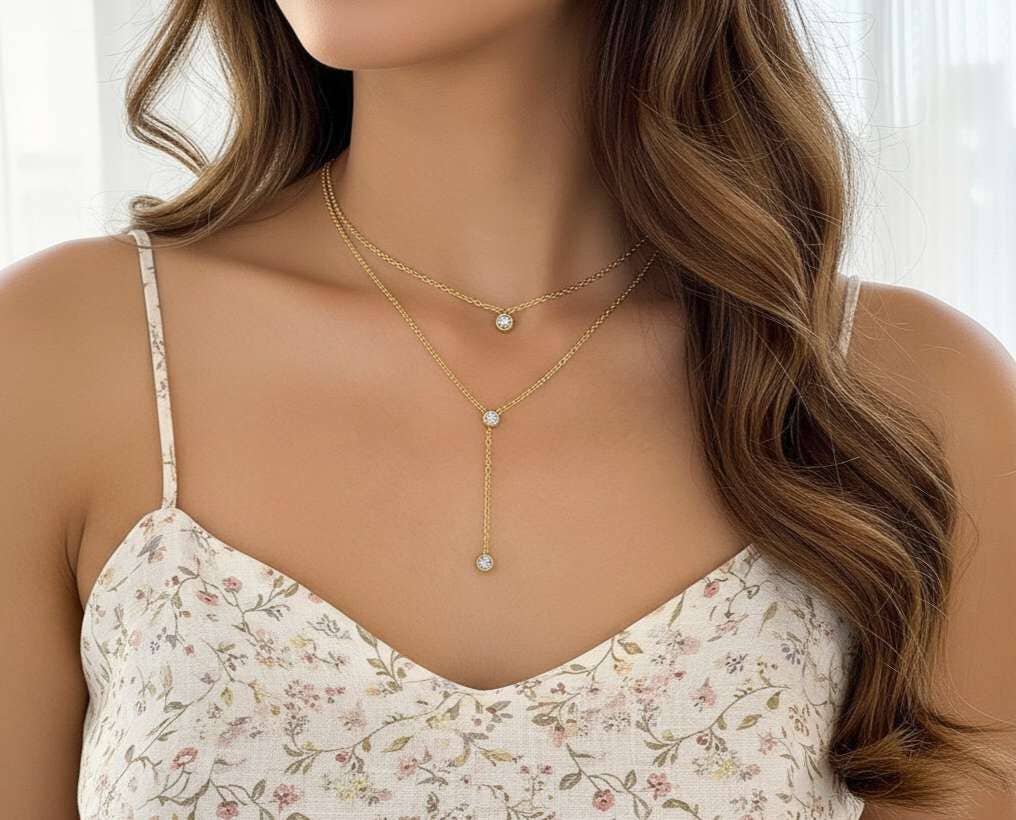 Collier double chaîne zircone acier inoxydable or 18K