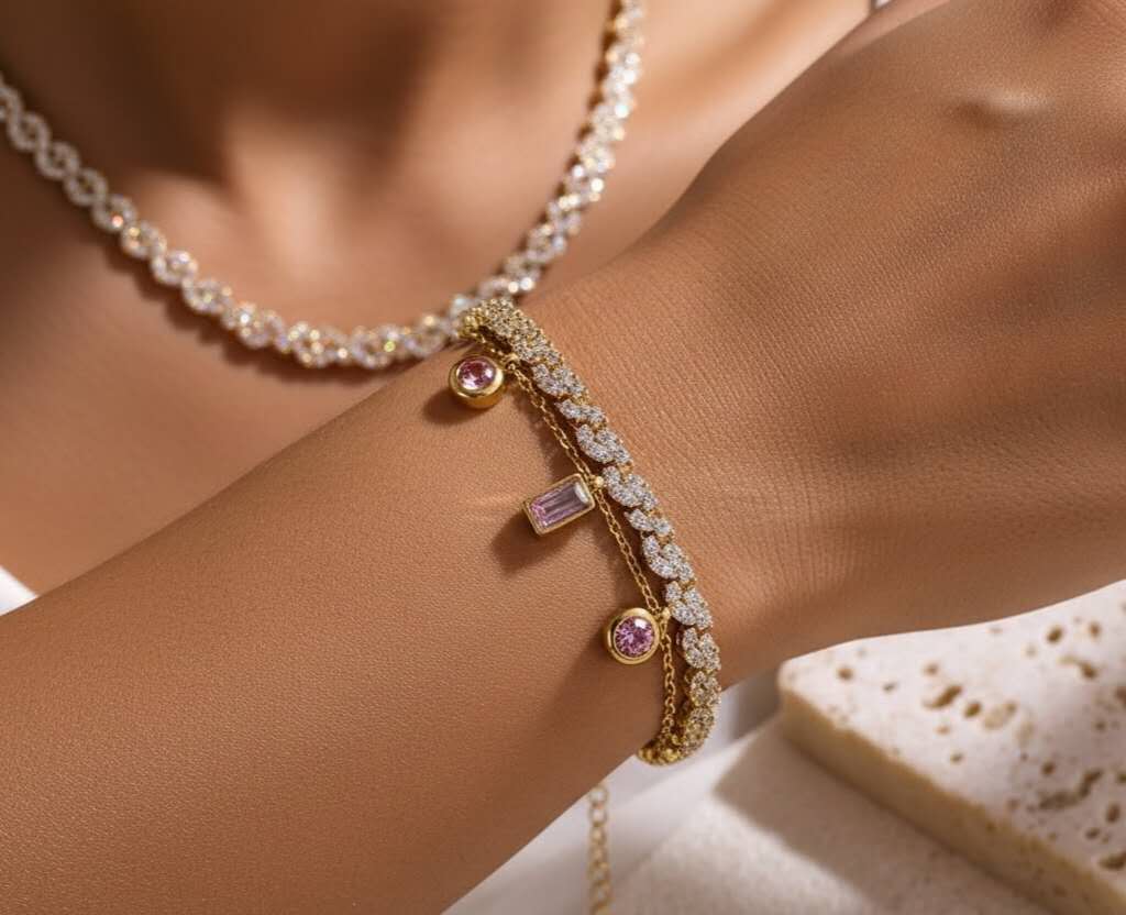 Set collier ras-de-cou avec zircones roses et bracelet en acier Plaqué or 18K
