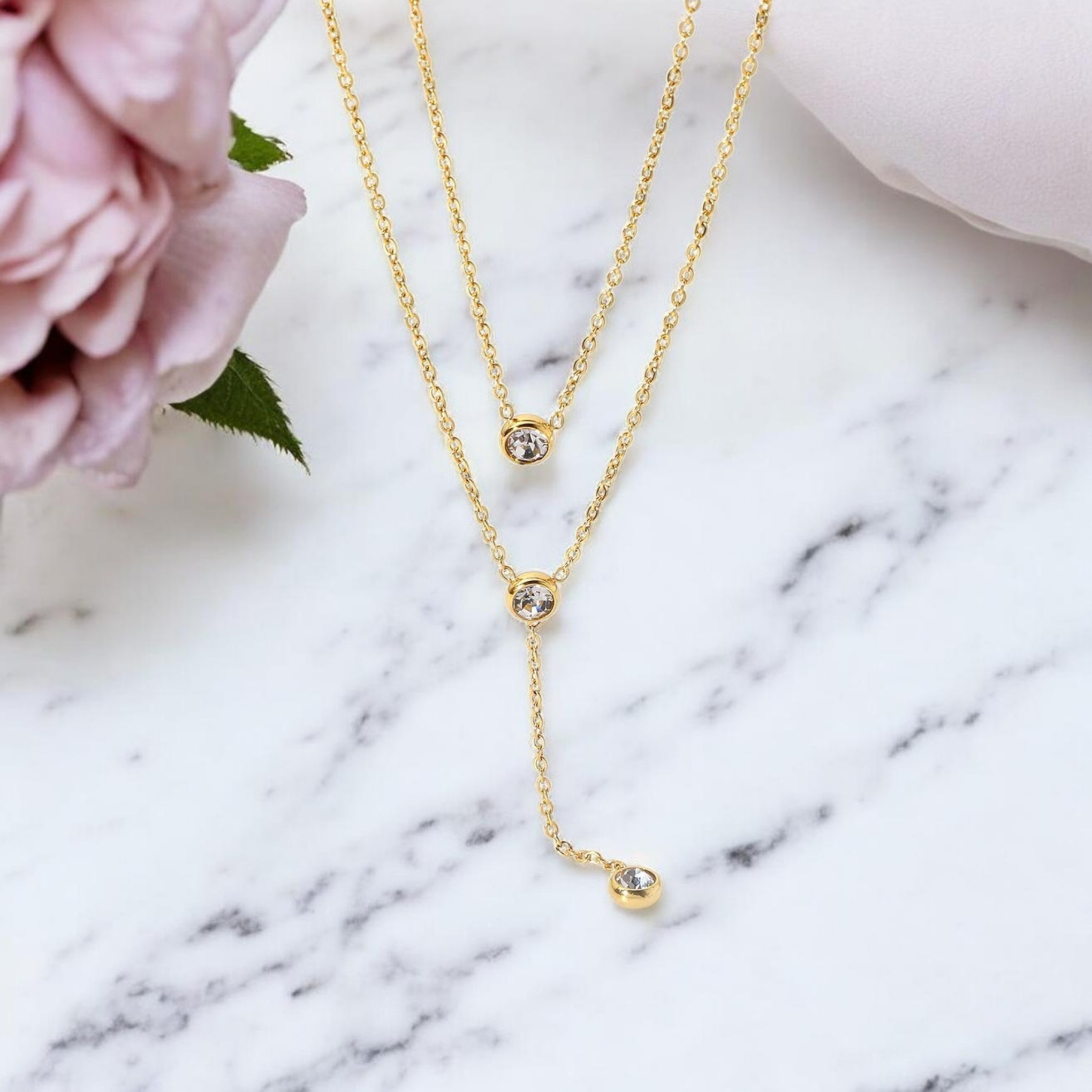 Collier double chaîne zircone acier inoxydable or 18K