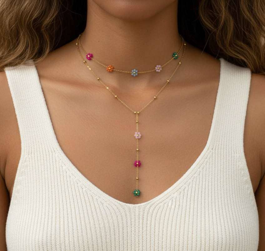Collier bohème double chaîne fleurs acier or 18K
