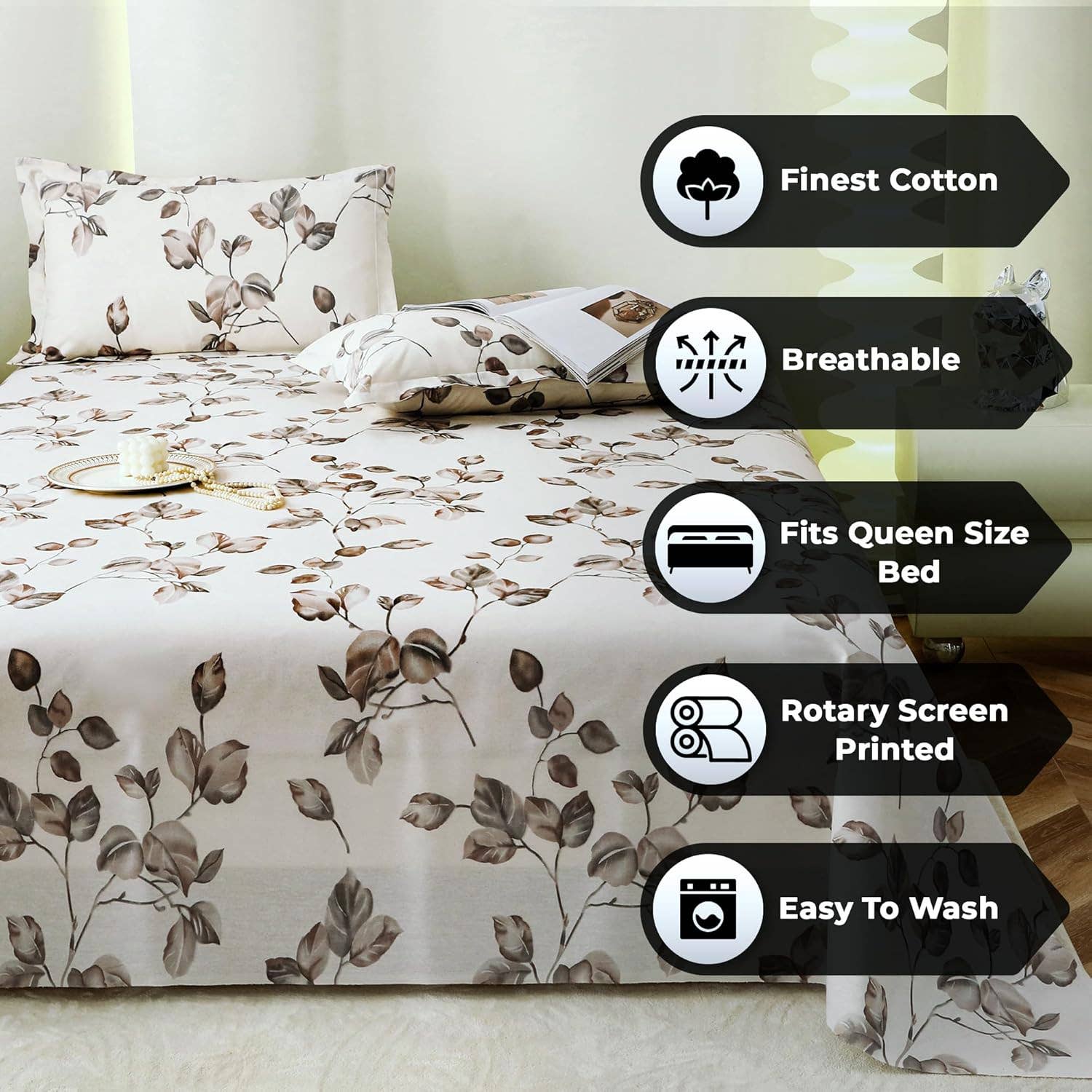 Ensemble de draps fleuris 100 % coton – Lit double Queen, 190 TC