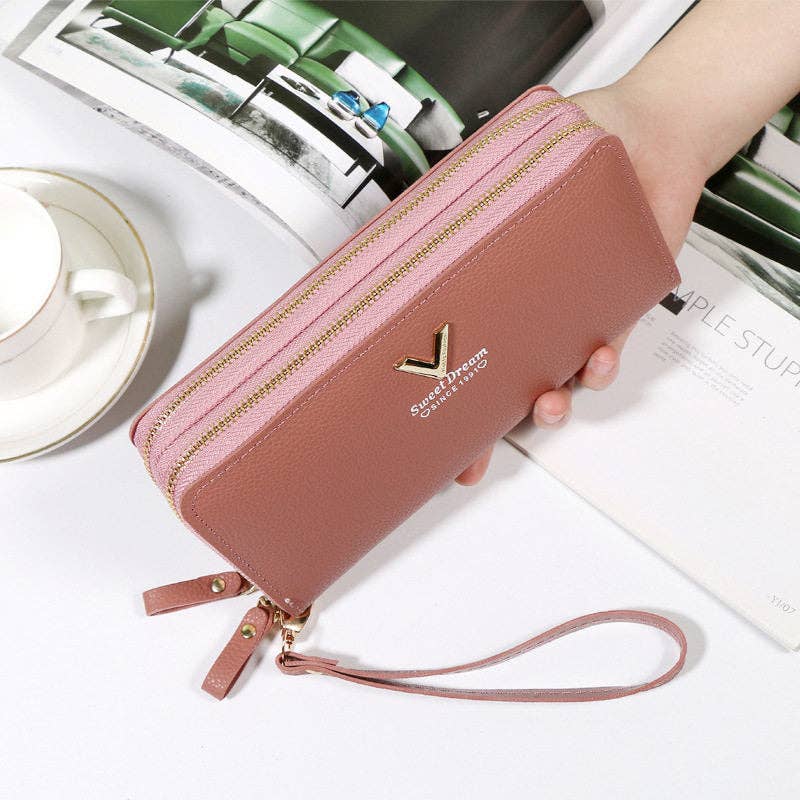 Portefeuille long à double fermeture éclair en cuir souple — pochette téléphone pour femme