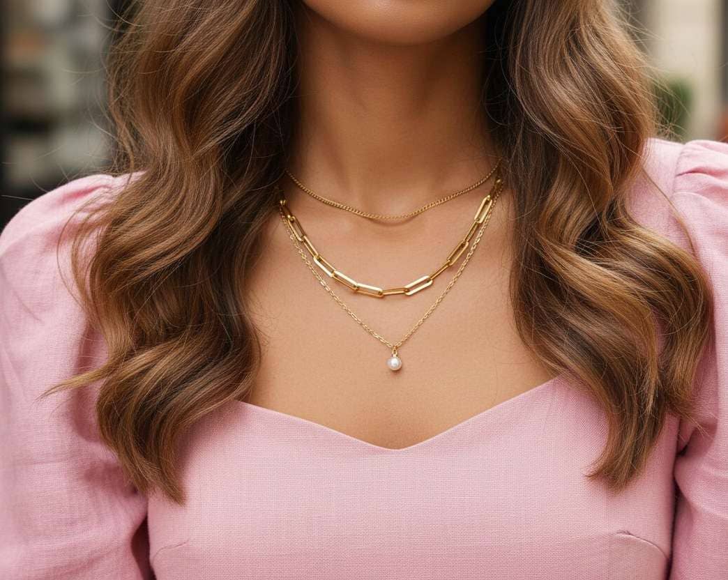 Collier avec perle en acier Plaqué Or 18K