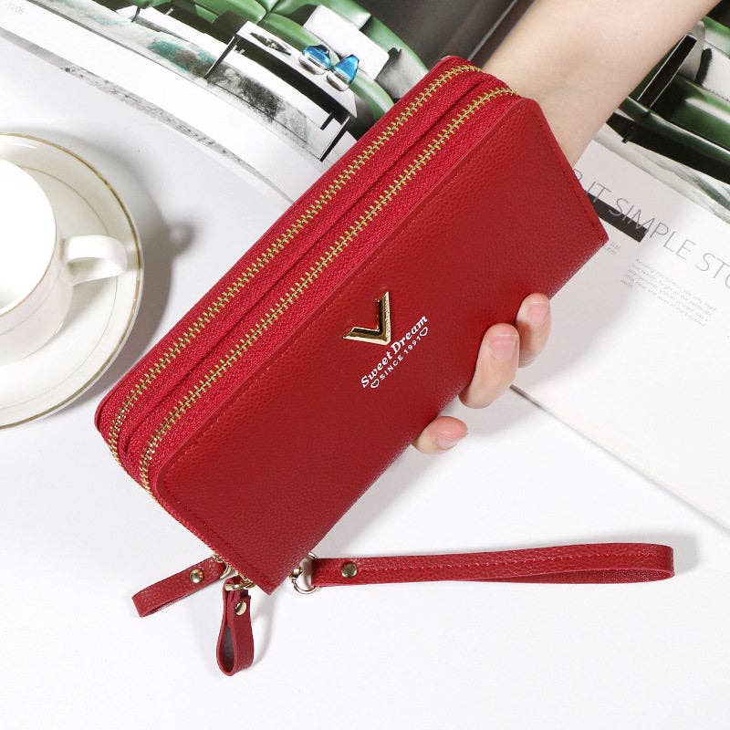 Portefeuille long à double fermeture éclair en cuir souple — pochette téléphone pour femme