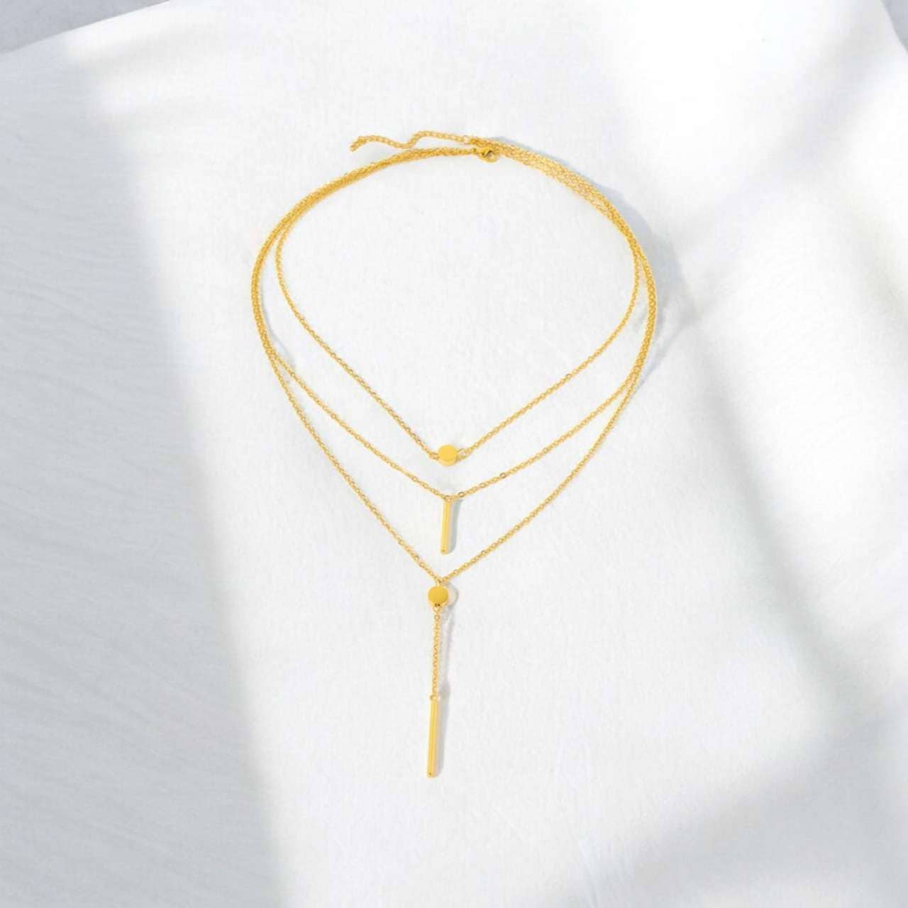 Collier triple chaînes disques acier Or 18K