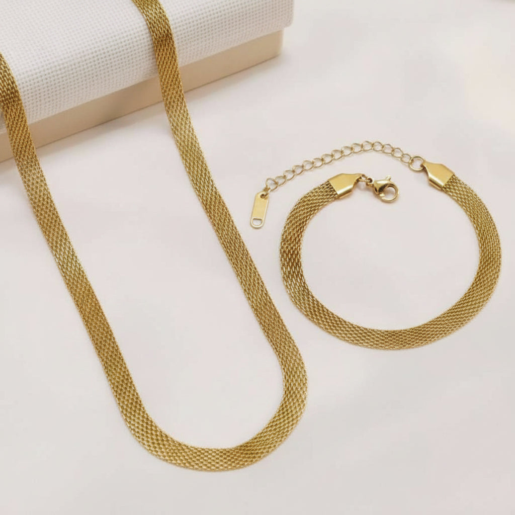 Ensemble de collier large et bracelet en acier plaqué or 18K