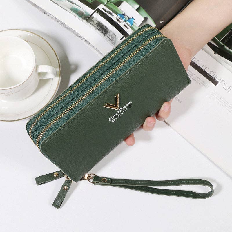 Portefeuille long à double fermeture éclair en cuir souple — pochette téléphone pour femme