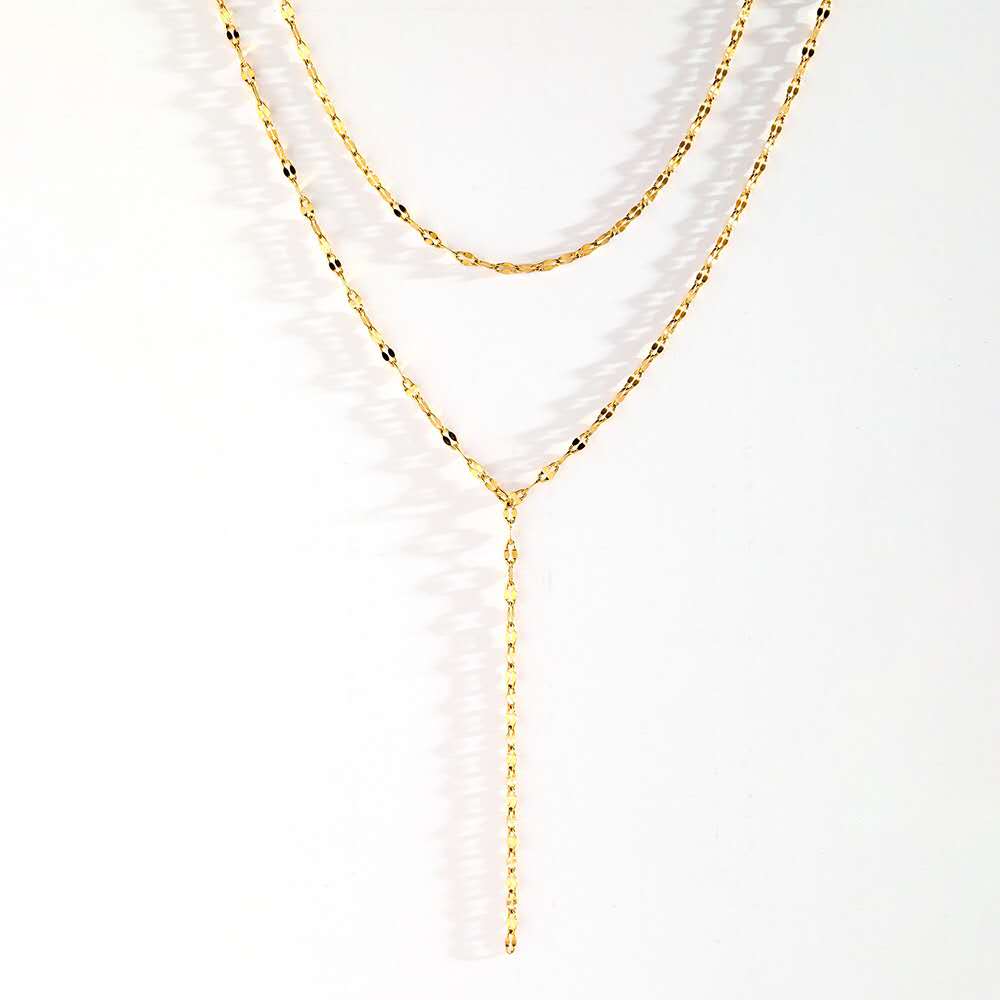 Collier long en Y double chaîne acier or 18K
