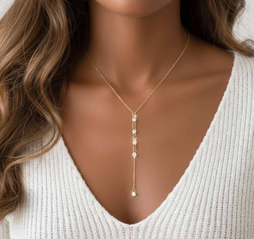 Collier en Y avec pendentif en zircone, acier  Plaqué Or 18K