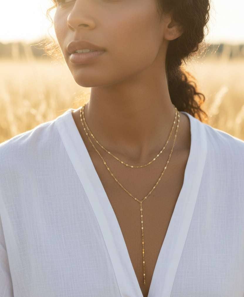 Collier long en Y double chaîne acier or 18K