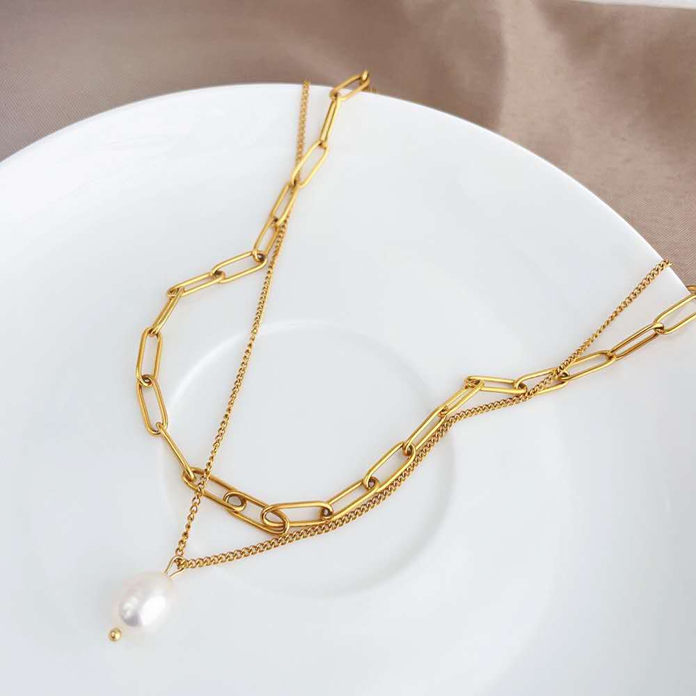 Collier double chaîne perle baroque en acier Plaqué Or 18K