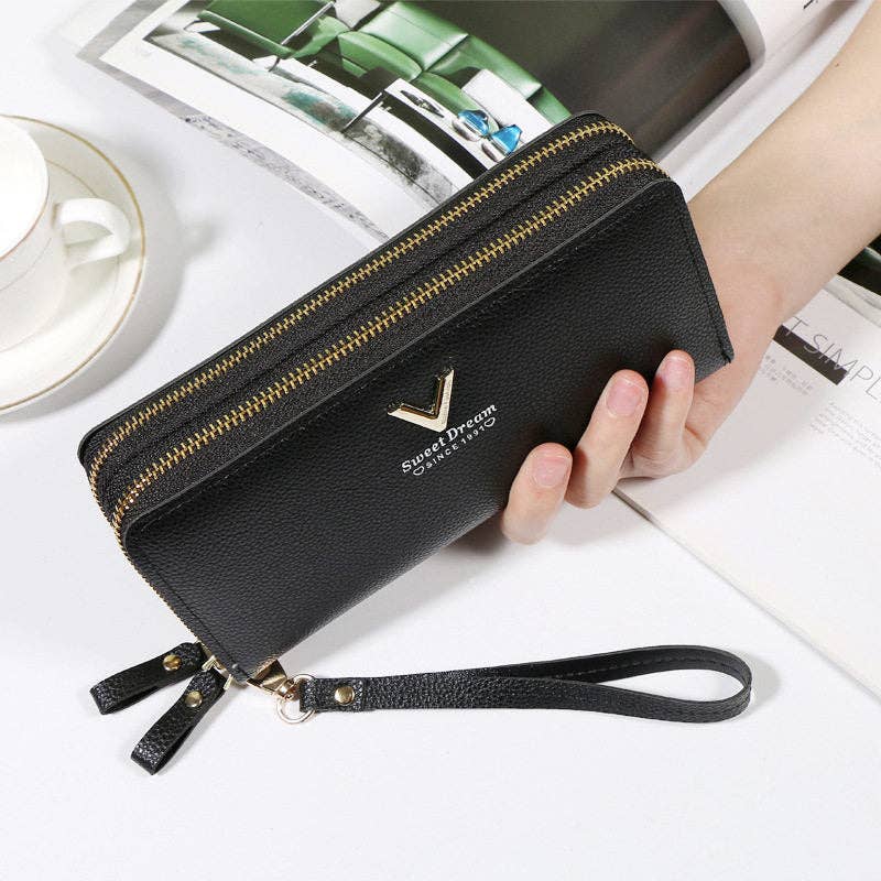 Portefeuille long à double fermeture éclair en cuir souple — pochette téléphone pour femme